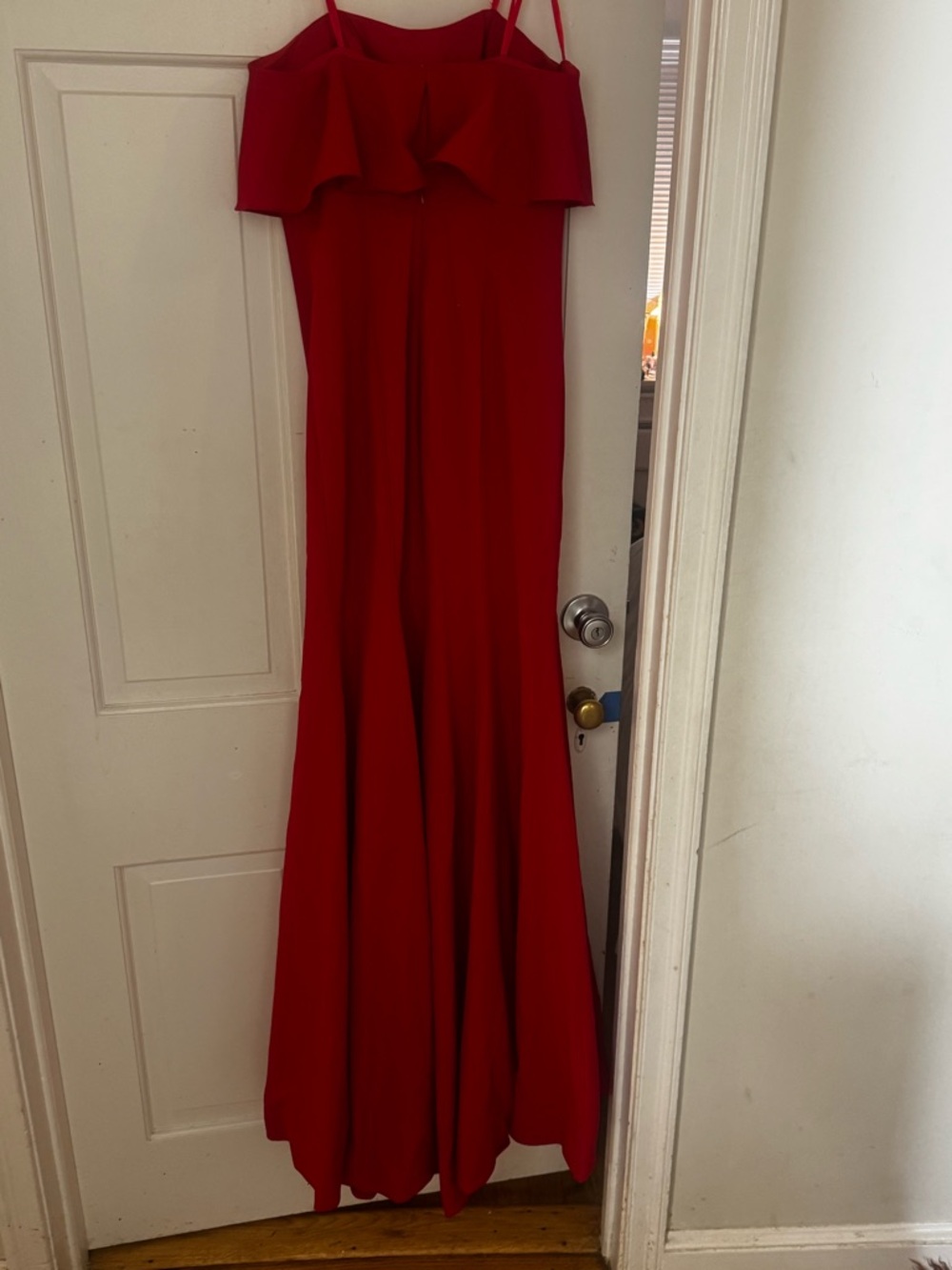 La Femme Red Off-the-Shoulder Ruffle Maxi Dress